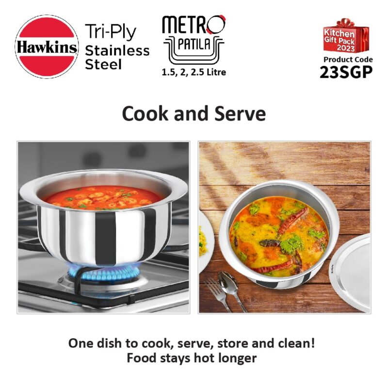 Hawkins Kitchen Gift Pack 2023 (23SGP) 3 Pieces Set of 1.5 Litre, 2 Litre and 2.5 Litre Triply Stainless Steel Patila, Tope, Bhagona, Tapeli, Saucepans Silver - Image 5