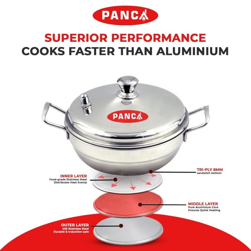 PANCA Stainless Steel Multi Purpose Kadai with Steel Lid, Idli Maker 2 Idli Plate 8 Cavity Idli Cooker Stainless Steel Idly Pot with Steamer - Image 4