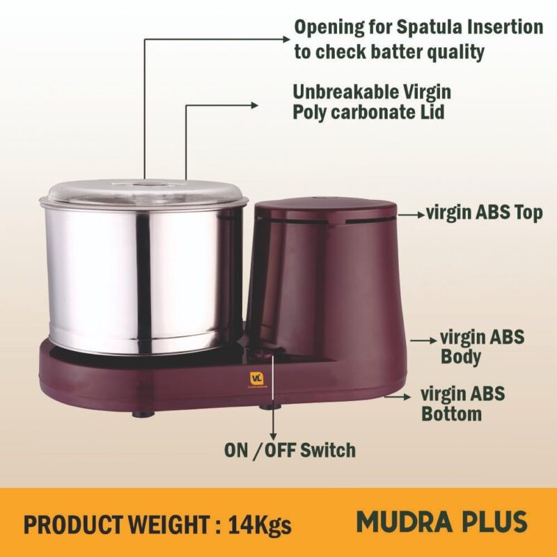VIJAYALAKSHMI | MUDRA Plus 2 Litre | Heavy ABS Body Wet Grinder, 2L (Cherry) | with Coconut Scrapper & Atta Kneader Attachment. - Image 4