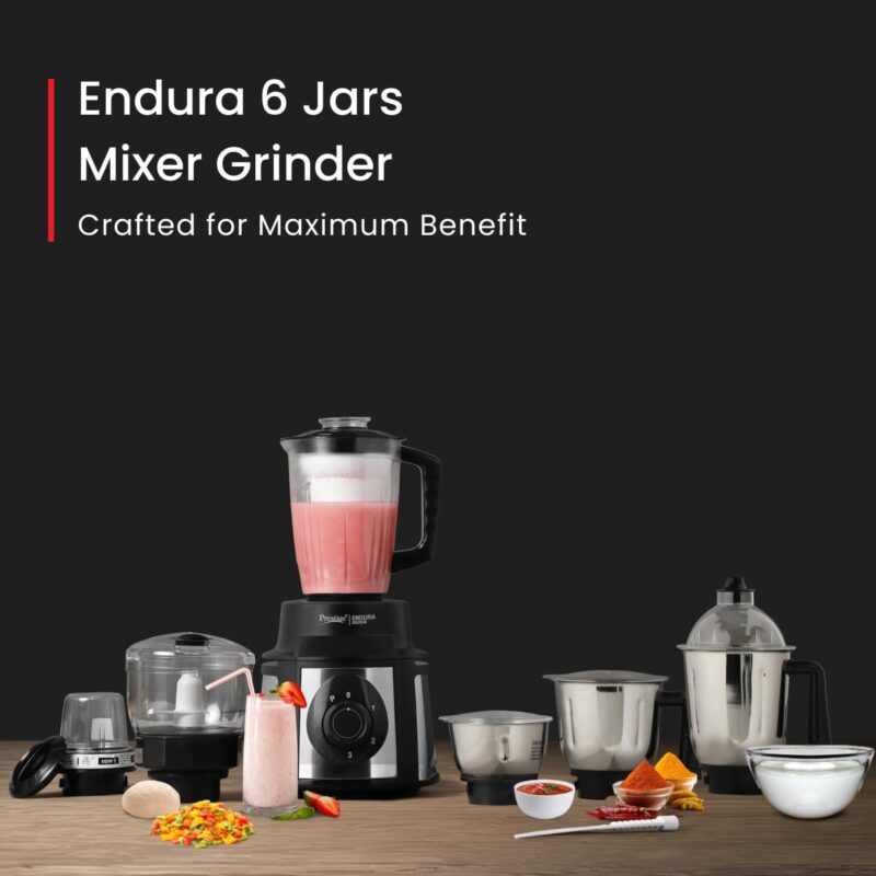 Prestige 1000 Watt Endura Mixer Grinder with 3 Stainless Steel Jar + 1 Juicer Jar, 1 Mix-O-Keep Jar, 1 Multi-utility Jar, Black |Sturdy Stainless Steel Body|7-Efficient Stainless Steel Blades - Image 4