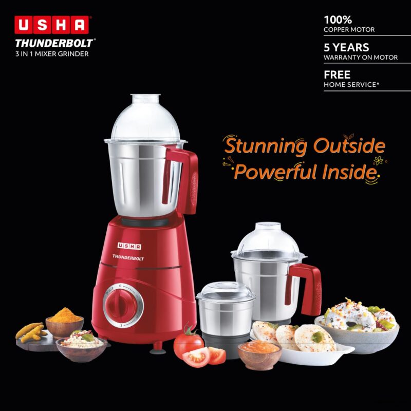 USHA Thunderbolt 800-Watt Copper Motor Mixer Grinder with 3 Jars and 5 Years Motor Warranty(Red) - Image 7