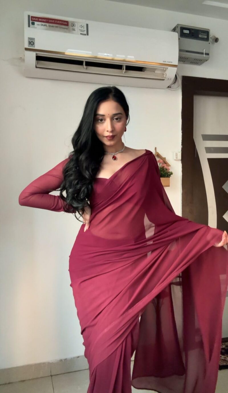 Stylescope Women's Plain Georgette Ready To Wear One Minute Saree With Unstitched Blouse Piece (Kalki Maroon_Maroon_Free Size) - Image 3