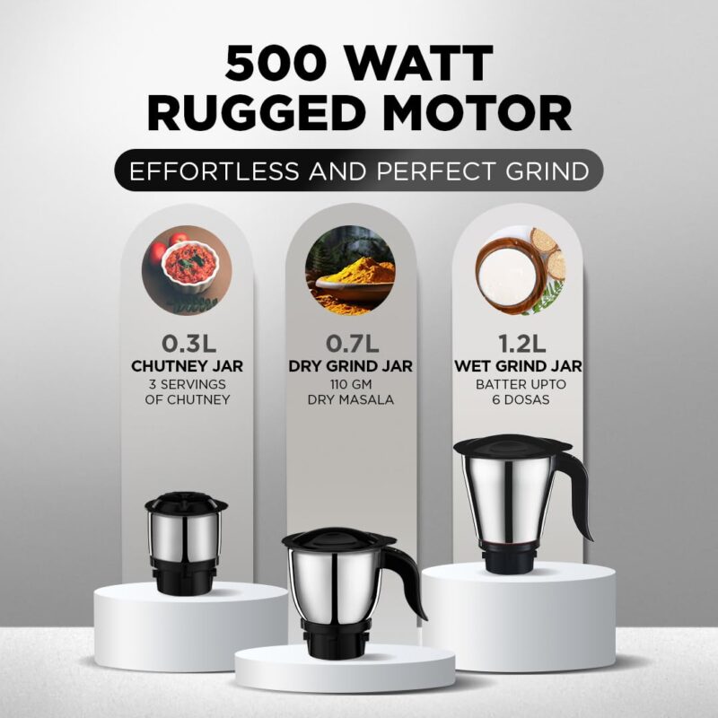 Preethi Tiara Mixer Grinder for Kitchen - 3 Jars 500 Watt Mixie - Chutney Jar & Dry Grinder Jar used as Wet Grinder & Blender - Stainless Steel Blades(Grey) - Image 5