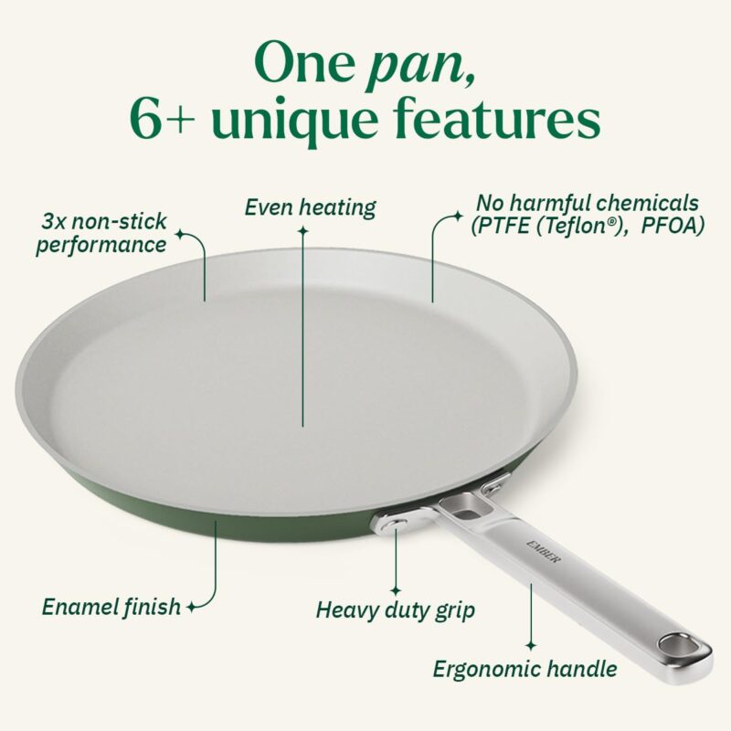 Ember Cookware Arcilla Ceramic Non Stick Dosa Tawa 28cm | Stainless Steel Handle | 1x Spatula | Induction Safe | Non Toxic Tawa | PFAS & PTFE Free | Capri Series | Green - Image 7