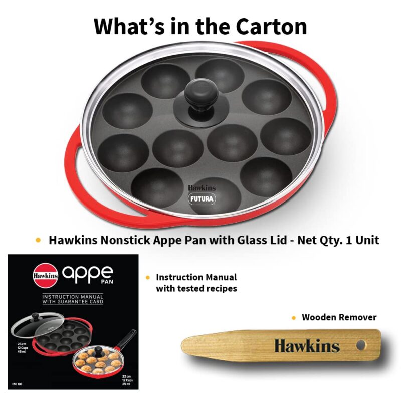 Hawkins Futura 26 cm Appe Pan, Non Stick Paniyaram Pan with Glass Lid, 12 Cups Paniyarakkal Ceramic Pan, Litti Pan, Kuzhi Paniyaram Pan, Ponganalu Pan, Red (NAPE26G) - Image 3