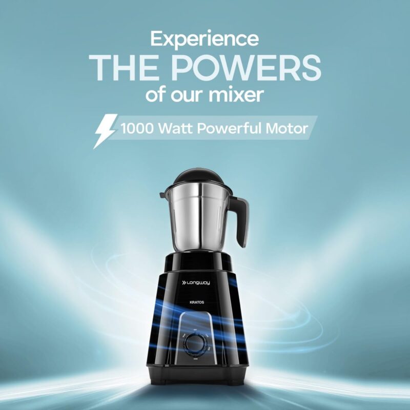 Longway Kratos 1000 Watt Juicer Mixer Grinder with Multipurpose Jars for Grinding, Mixing, Juicing with Stainless Steel Blades | 1 Year Warranty | (Black, 4 Jars) - Image 8