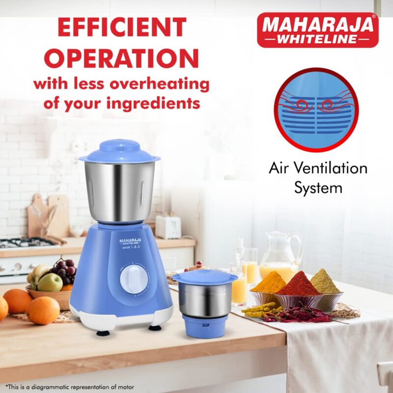 Maharaja Whiteline Smart Mixer Grinder | 500-watt | 20000 RPM Motor Speed | Air Ventilation System | Stainless-Steel Jars & Blades | Unique Jar Flow Breakers | 2 Year Motor Warranty |Blue - Image 4