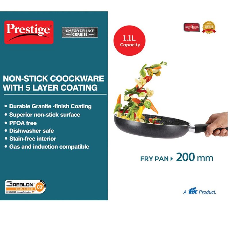 Prestige Non-Stick Omega Deluxe Granite Fry Pan (Omelette Pan)| 20 Centimetre | Black | Induction Base | 5 Layer Non-Stick Cookware | PFOA Free | Easy Grip Handle - Image 6
