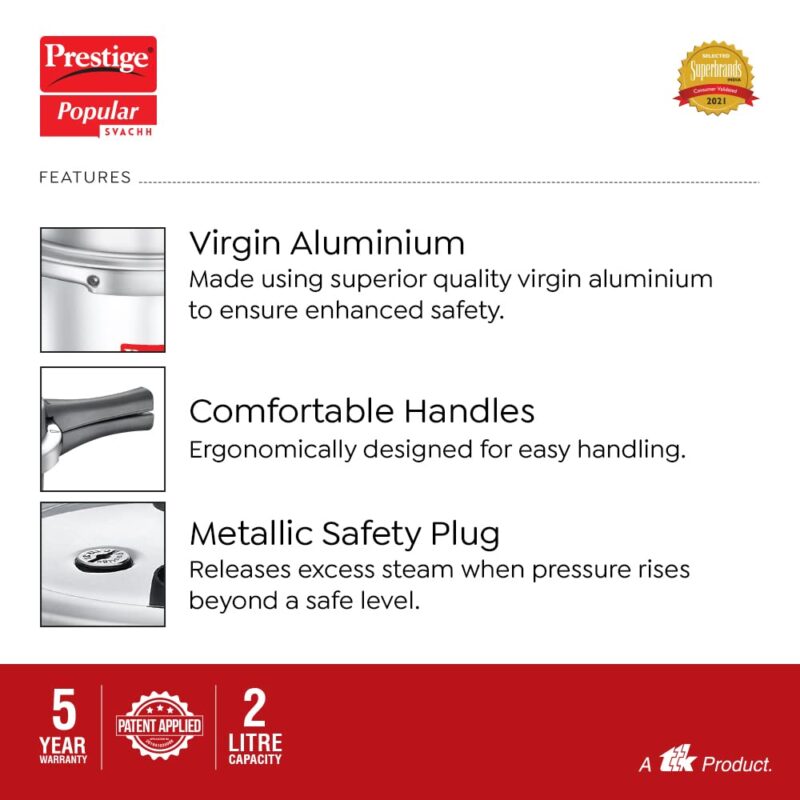 Prestige 2L Popular Svachh Aluminium Outer Lid Pressure Cooker|Ideal for 2-3 Persons|Deep lid for Spillage Control|5 Years Warranty - Image 2