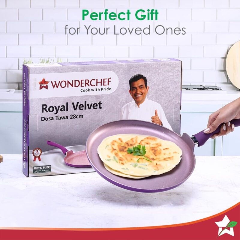 Wonderchef Royal Velvet Non-Stick 28cm Dosa Tawa I Induction Ready | Soft-Touch Handles |Non – Toxic I Virgin Aluminium| 3 mm Thick | 1.8 litres | 2 Year Warranty | Purple - Image 2