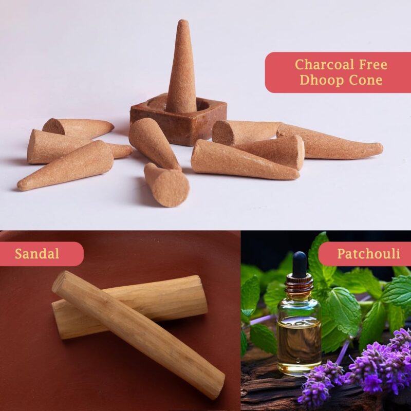 Mangaldeep Temple Premium Bambooless Dhoop Cones - Sandal & Patchouli - Ceramic Stand Inside - Charcoal Free (40 Cones) - Image 3