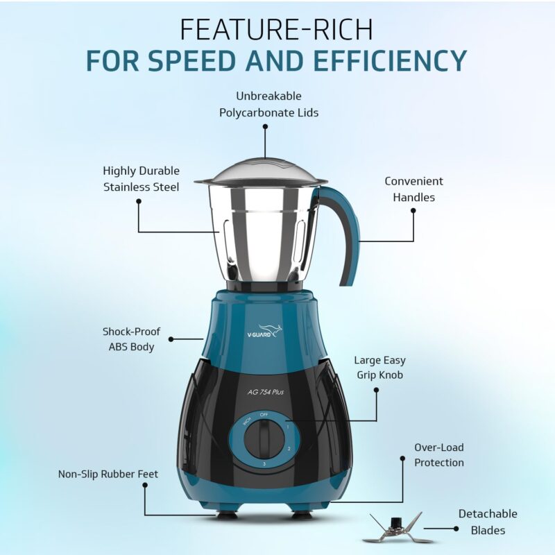 V-Guard AG 754 750 Watt Juicer Mixer Grinder, 3 Year Motor Warranty By V-Guard,4 Jars(Chutney, Dry, Wet & Juicer), Sturdy Juicer Jar with QuadraFlow Design, PrecisionBlend SS Blades, Blue-Black - Image 3