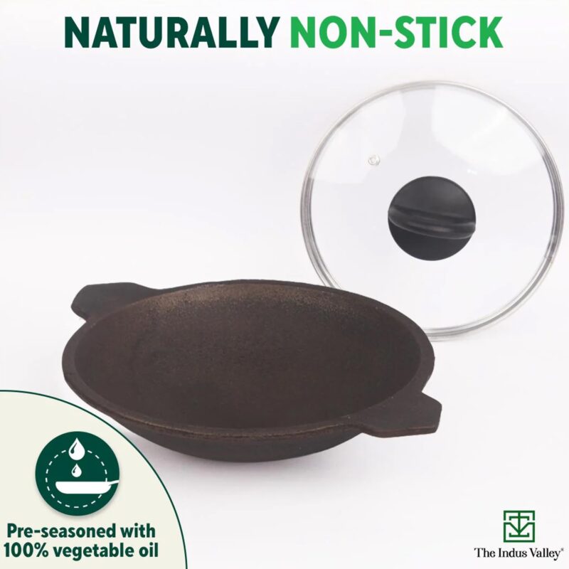 The Indus Valley Pre-Seasoned Cast Iron Appam Pan/Appachatty/Chetty Pan/Appam Patra with Glass Lid | 22 Cm/8.7 Inch, 1.5Kg | Gas Compatible | Nonstick Appam Pan, 100% Pure & Toxin-Free - Image 3