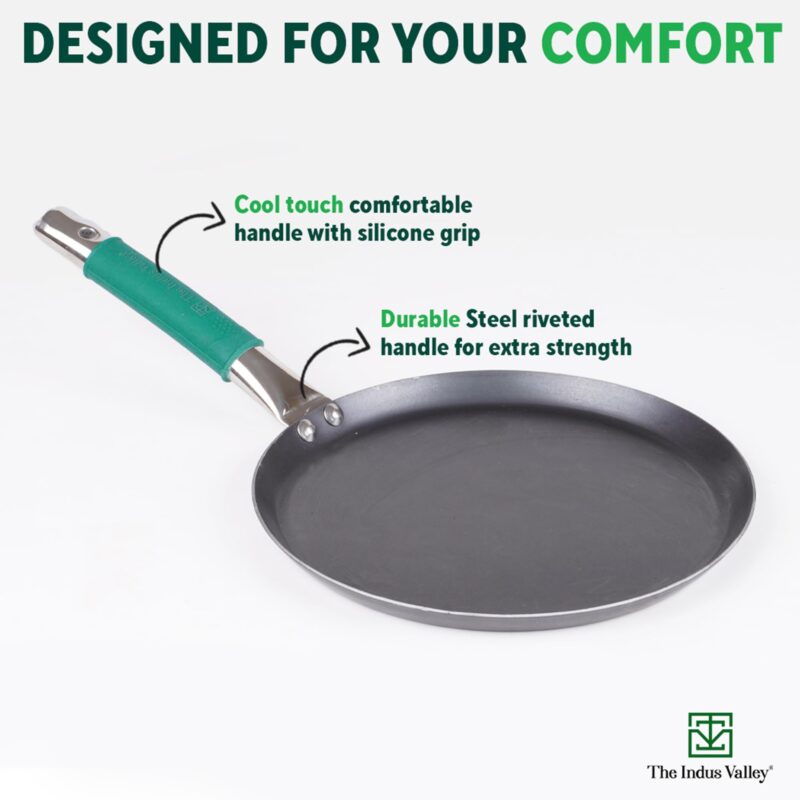The Indus Valley Pure Iron Flat Tawa With Silicone Grip | 26Cm/10.2 Inch, 1Kg | Induction Friendly | 100% Pure & Toxin-Free, No Chemical Coating,Multicolor - Image 3