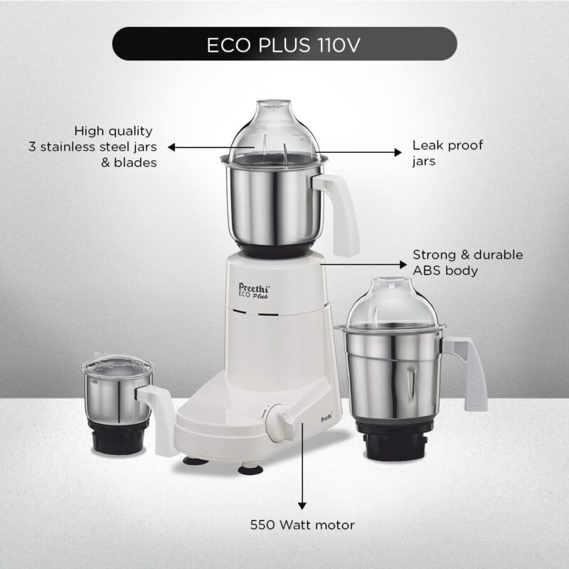 Preethi Eco Plus MG-138 110V, 550 Watt Mixer Grinder with 3 Jars (0.4L Chutney grinding Jar + 1.0L dry grinding Jar + 1.5L Wet grinding Jar, Stainless Steel) with 5 Yrs Motor warranty, White - Image 5