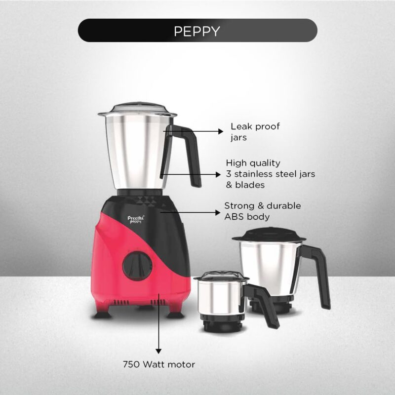 Preethi Peppy Mixer Grinder for Kitchen| 750 Watt Mixie, 3 jars | 5yr Motor Warranty & Lifelong Free Service | Black/Red (MG-245) - Image 4