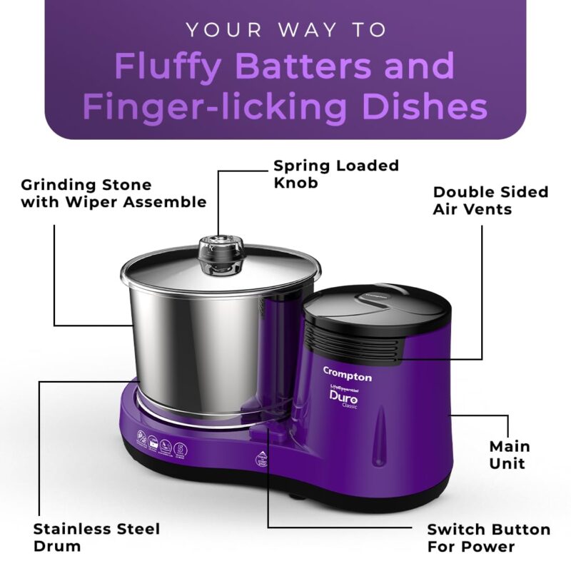 Crompton's Duro Classic Wet Grinder with 150W Motor for Uniform Grinding, High Grade 2L Stainless Steel Drums, Strong ABS Body & 5 Years of Warranty on Motor - Image 2