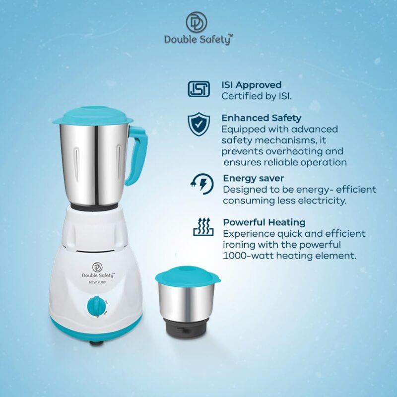 Double safety New York Mixer Grinder 500 watts | Chutney Jar and Liquidizing jar to make chutneys, Milkshake, Smoothies, Puree | High Speed | Superior Mixi for Kitchen | Stainless Steel Jars - Image 6