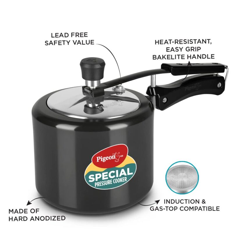 Pigeon by Stovekraft 2+3+5 Litre Combo Special Hard Anodised Inner Lid Induction Base Pressure Cooker (Black) BIS Certified,Common lid for 2+3L - Image 4
