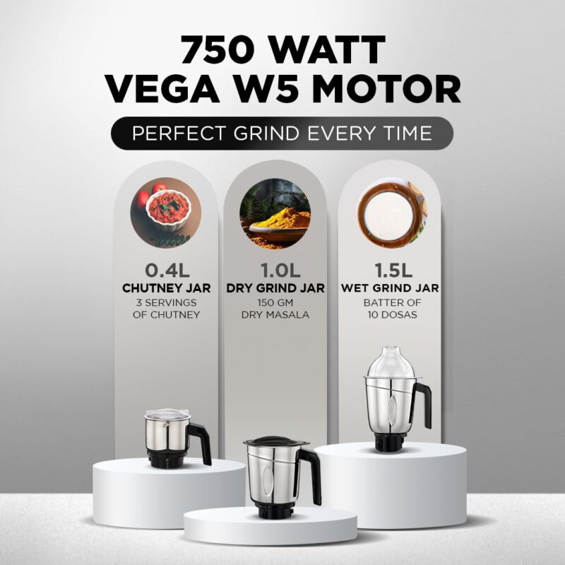 Preethi Galaxy Mixer Grinder for Kitchen| Vega W5 750 Watt Mixie, 3 Jars (Bigger jar Size) | 5yr Motor Warranty & Lifelong Free Service |Pink (MG225), Plastic - Image 5