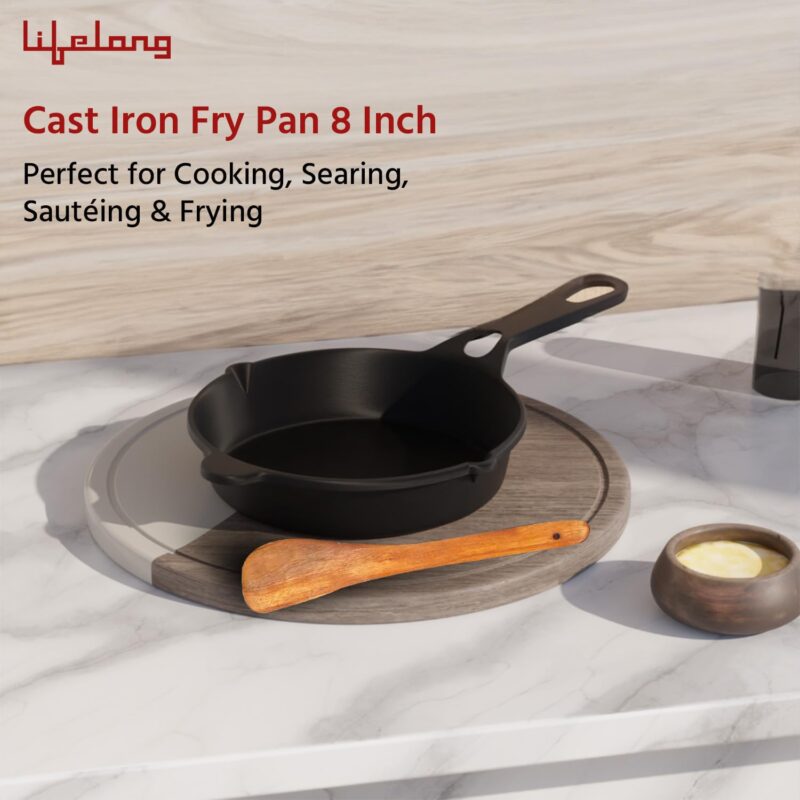 Lifelong Cast Iron Fry Pan 8 Inch (20mm) with Wooden Spatula | 2Ltr, 3kg Pan | Non-Stick Pre-Seasoned 100% Toxin & Teflon Free & Durable | Skillet for Cooking, Searing, Sautéing, & Frying - Image 2