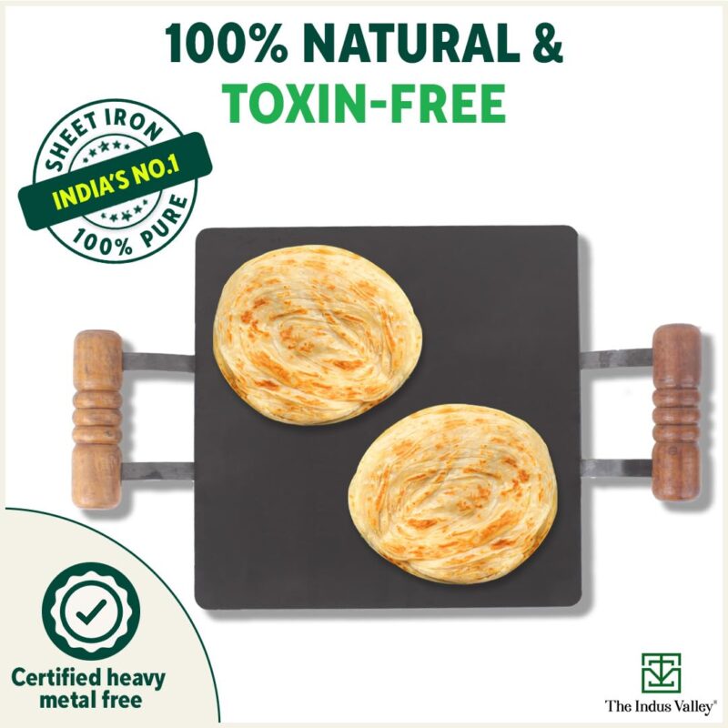 The Indus Valley Pre-Seasoned Square Iron Tawa with Wooden Handle | 30 cm/11.8 inch, 3.26kg | Induction Friendly | Pre-Seasoned Tawa, 100% Pure & Toxin-Free, No Chemical Coating - Image 6