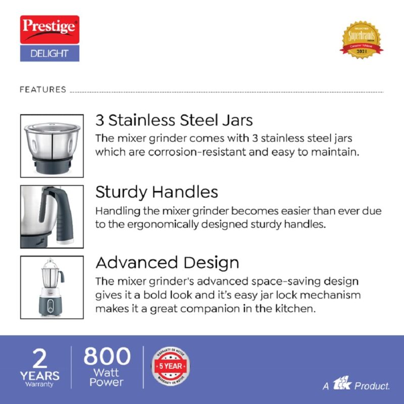 Prestige Delight Mixer Grinder 750 W (With 3 Stainless Steel Jars) - Image 2
