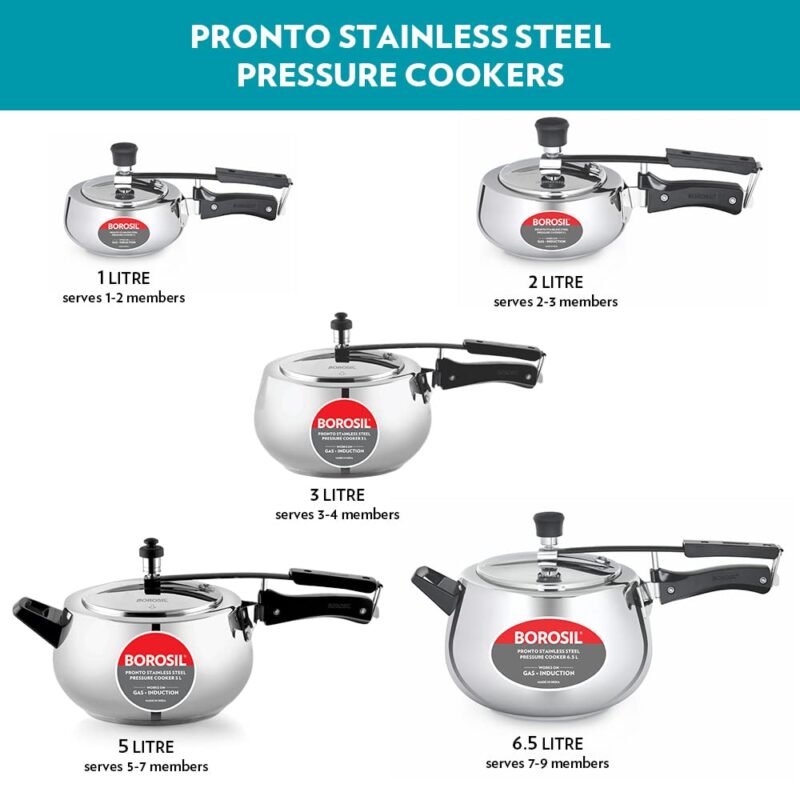 Borosil Pronto 1 L Inner Lid Stainless Steel Pressure Cooker | 6.8 mm Thick Base, Even Heat Distribution | Gas & Induction Campatible | 5 Years Warranty - Image 3