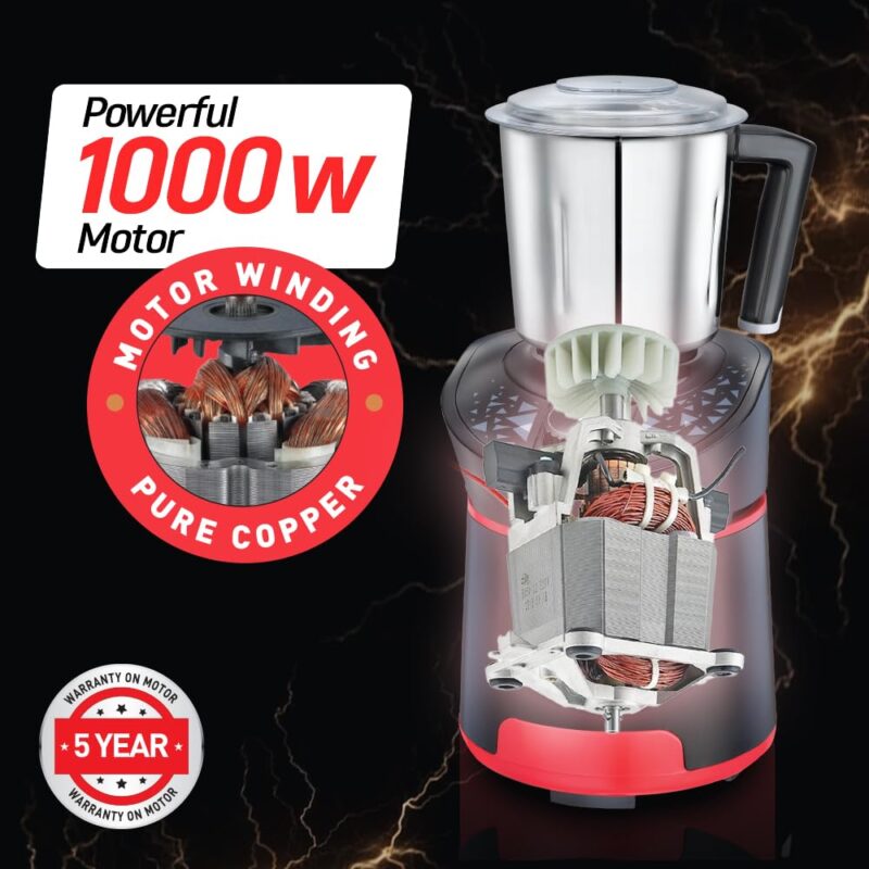 Prestige Hercules 1000W Mixer Grinder with 3 Stainless Steel jars & 1 Juicer jar|Flow-Breaker Design|Sturdy Handles|4 Super Efficient Blades|Black & Red - Image 5