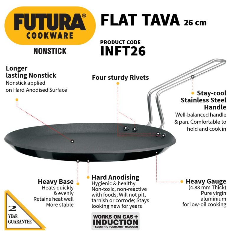 Hawkins Futura 26 cm Flat Tava, Non Stick Tawa with Stainless Steel Handle, Induction Tawa with Rim, Pancake Pan, Flat Pan, Black (INFT26) - Image 7