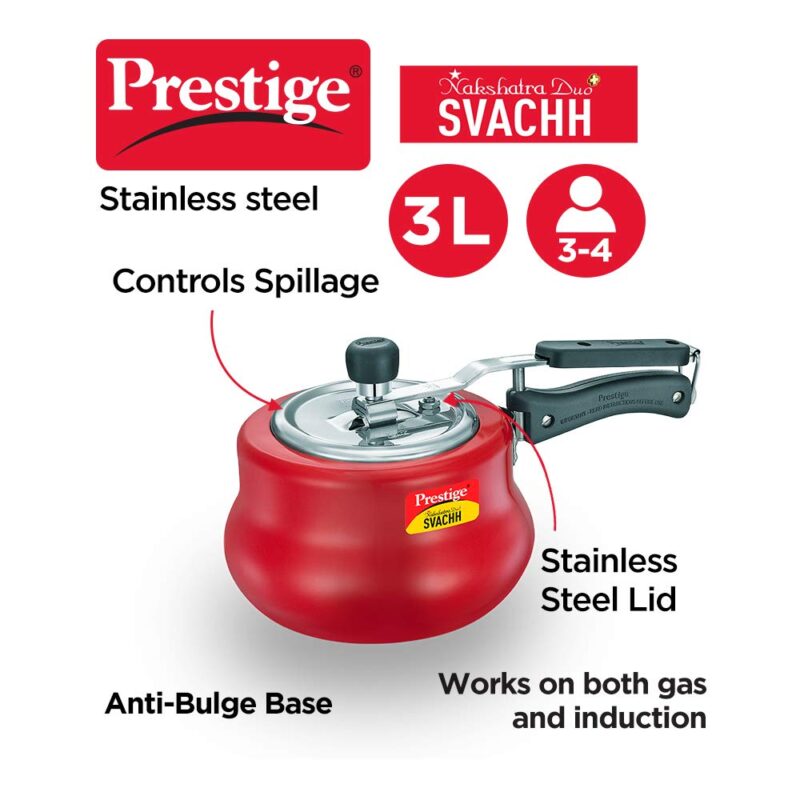 Prestige Svachh, 10752, 3 litre, Nakshatra Duo Red Handi, with Deep Lid for Spillage Control, Aluminium, Inner Lid - Image 4