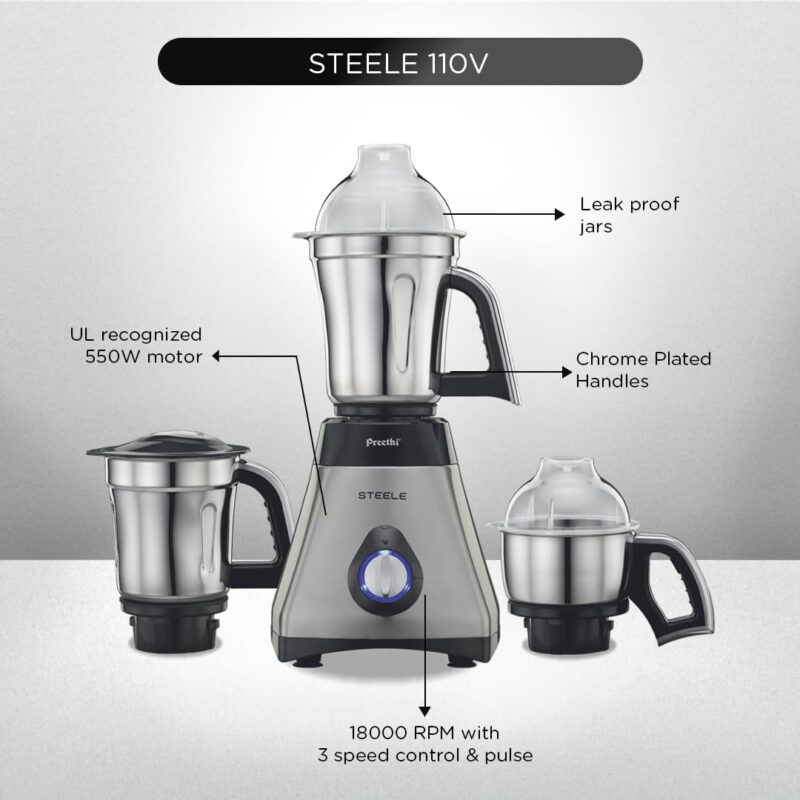 Preethi Steele 110V Mixer Grinder for Kitchen | 3 Jar, 550W Mixie| Perfect for Grinding | Silver/Black (MG 206) - Image 4
