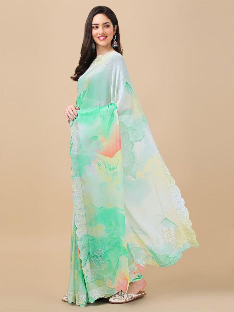 RAJESHWAR FASHION WITH RF Women's Colorblock Printed Chiffon Sarees For Women With Diamond Scalloping & Digital Print Blouse(Turquoise_Multicolored_Free Size 6.30) - Image 4