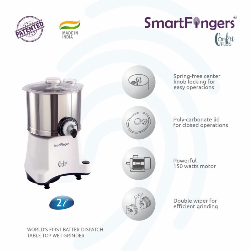 SmartFingers Comfort Plus Table Top magic Wet Grinder 230V 50hz, 2 Liter, White, 2 Stone - Image 3