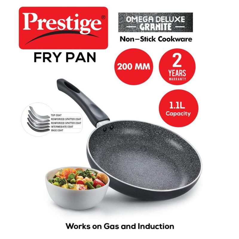 Prestige Non-Stick Omega Deluxe Granite Fry Pan (Omelette Pan)| 20 Centimetre | Black | Induction Base | 5 Layer Non-Stick Cookware | PFOA Free | Easy Grip Handle - Image 7