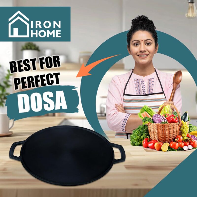 IRONHOME Premium 12 inches Cast Iron Dosa Tawa for Perfectly Crispy Dosas | Pre-Seasoned Big Size Dosa Tawa Cast Iron | Durable and Versatile Cast Iron Tawa | Traditional Cast Iron Dosa Tawa - Image 3