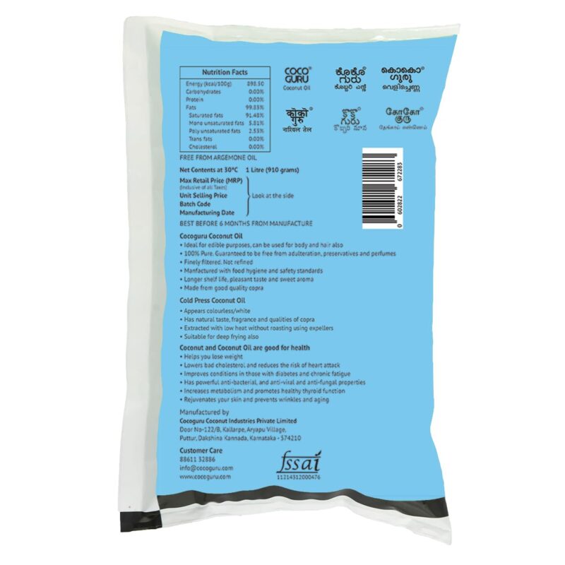 Cocoguru Cold Pressed Coconut Oil - Pouch 1 Litre - Image 7
