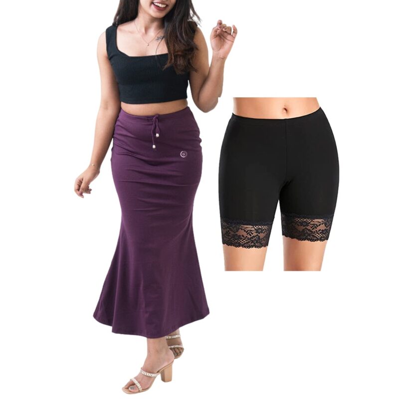 COOL WHITE Saree Shapewear for Women with lace Shorts - Body Shaper Petticoat | Shape Wear Dress | Party & Traditional Saree Shapewear | Saree Shaper | Underskirt Shorts | Saree Shapewear Combo