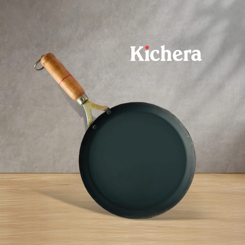 Kichera Pure Iron Fish Fry Pan with Wooden Handle |Omlette Pan 23.5cm/10 inch, 0.8kg | Gas Stove and Induction Friendly | Pre-Seasoned Black Flat Sheet Metal Iron Tawa - Image 3