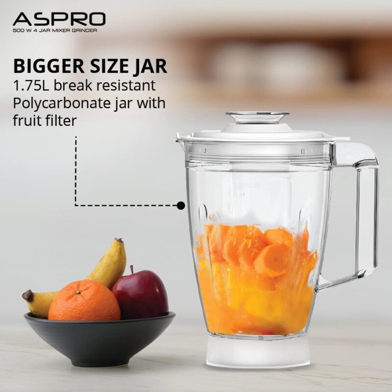 Havells Aspro 4 Jar 500 watt Mixer Grinder with 1.75Ltr Polycarbonate Jar with Fruit Filter, 21000 RPM, Overload Protector, 2 Yr Product & 5 Yr Motor Warranty (White and Light Blue) - Image 8