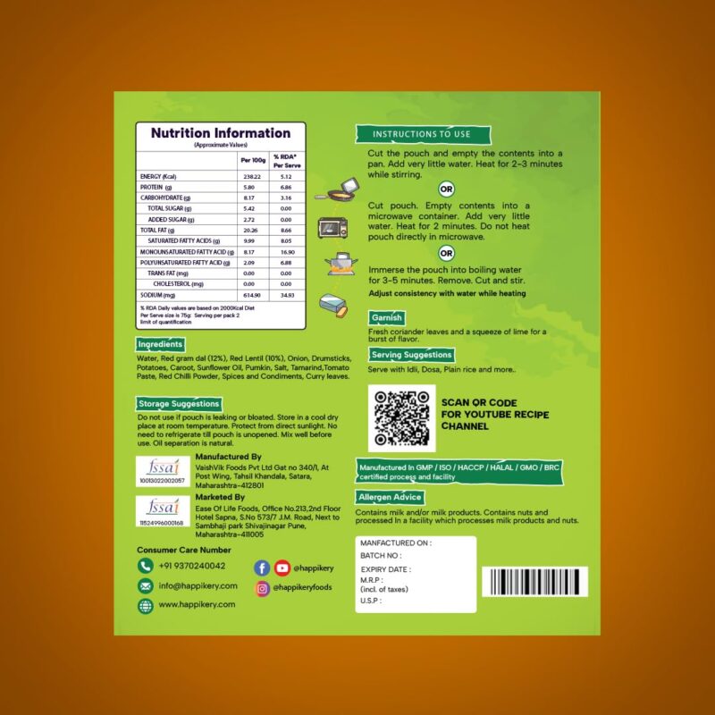 Happikery Instant Sambar with Added Vegetables, Ready to Eat, Goodness of Dals, No Added Preservatives, Ready in 3 Minutes, Veg Mix, Upto 5-7 Servings - 1kg - Image 4