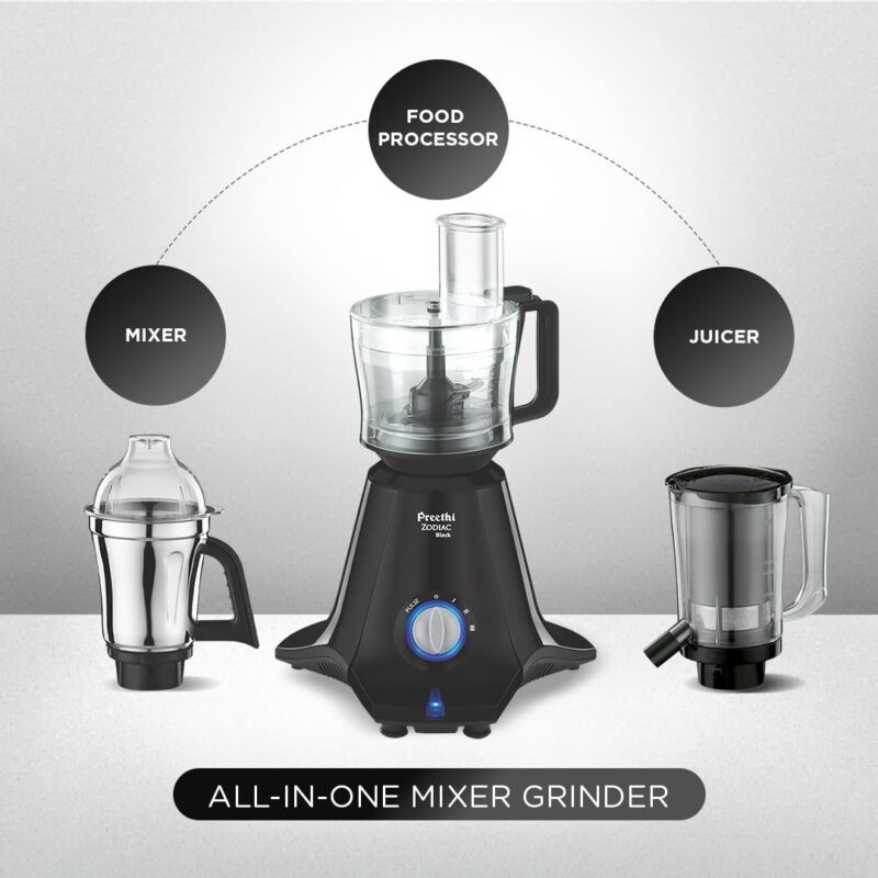 Preethi Zodiac Black Mixer Grinder for Kitchen, 5 Jars 750 Watt Mixie with Chutney Jar, Dry Grinding, Batter Grinding, Juicer & Masterchef Jar for chopping/grating (MG-261) - Image 6