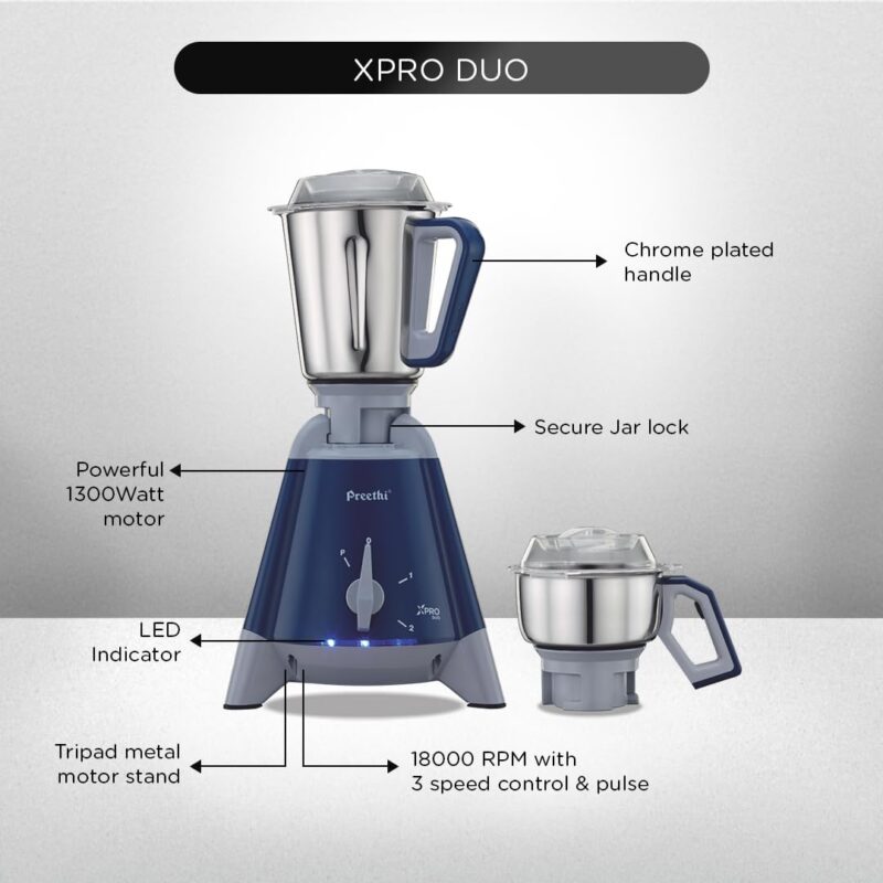 Preethi Xpro Duo MG-198 1300 W Commercial Mixer Grinder with 2 Jars ( 0.75L Chutney Jar + 2L Wet Grinding, Stainless steel), Tripad Metal Motor Stand, Blue - Image 2