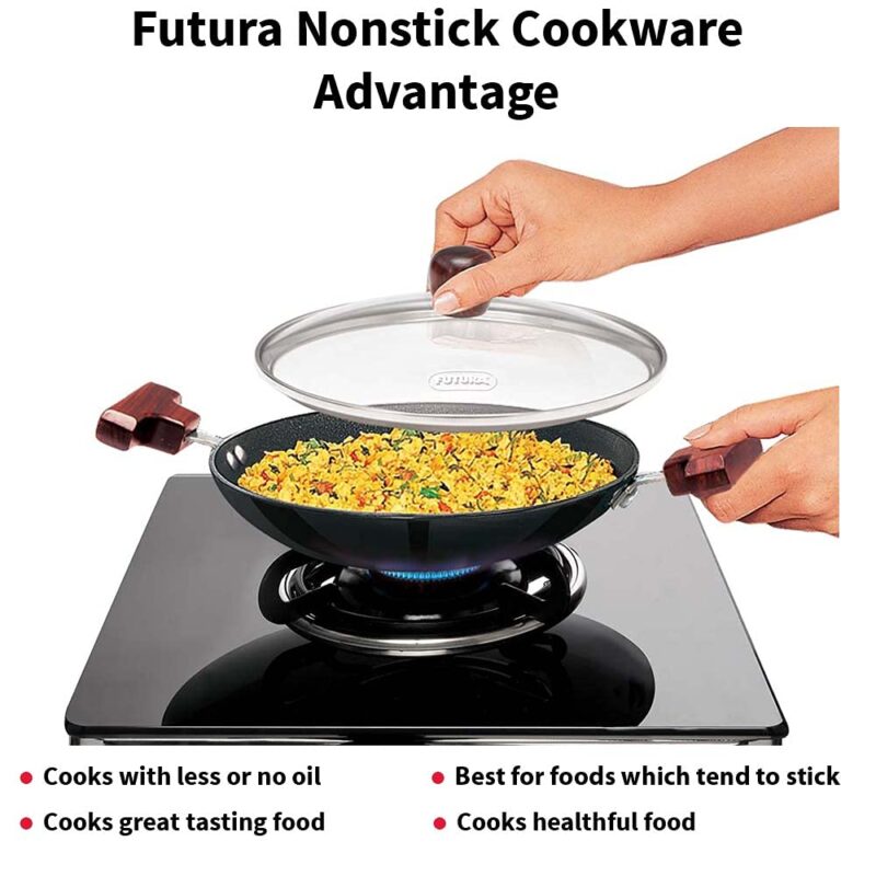 Hawkins FUTURA 0.9 Litre Breakfast Pan with Glass Lid, Nonstick Cookware, Appachatty, Chetty Pan, Appam Patra, Round Bottom Kadai, Black (NBFP09G) - 217 mm - Image 5