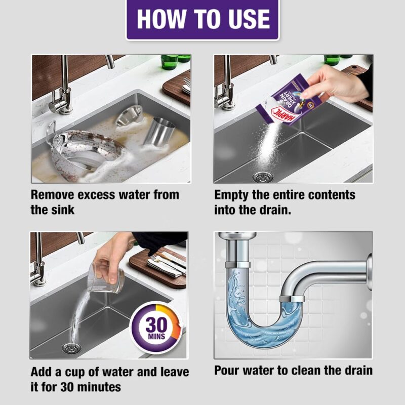 Harpic DrainXpert Drain Cleaning Powder (50g x 8) | Removes Blockages in Pipes, Sinks & Septic Tanks| Works within 30 minutes | Melts Grease & Dissolves Hair (Pack of 2) - Image 4