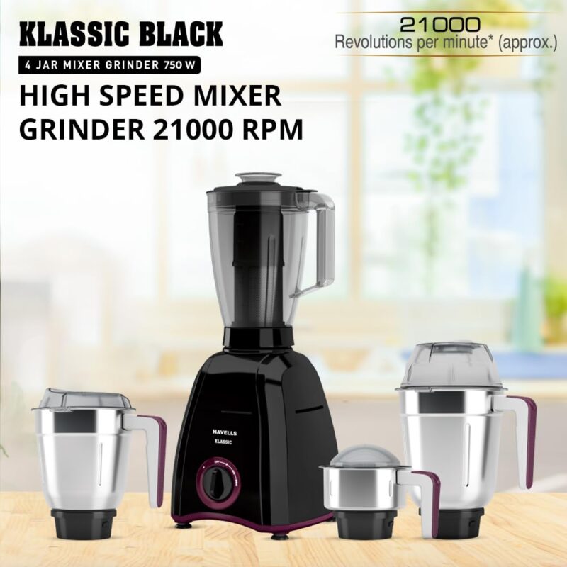 Havells Klassic 750 Watt 4 Jar Mixer Grinder, 21000 RPM Heavy Duty Universal Motor, 304 SS Blades, Large Size Break Resistant JarLids With Twist & Lock Mechanism- Black - Image 3