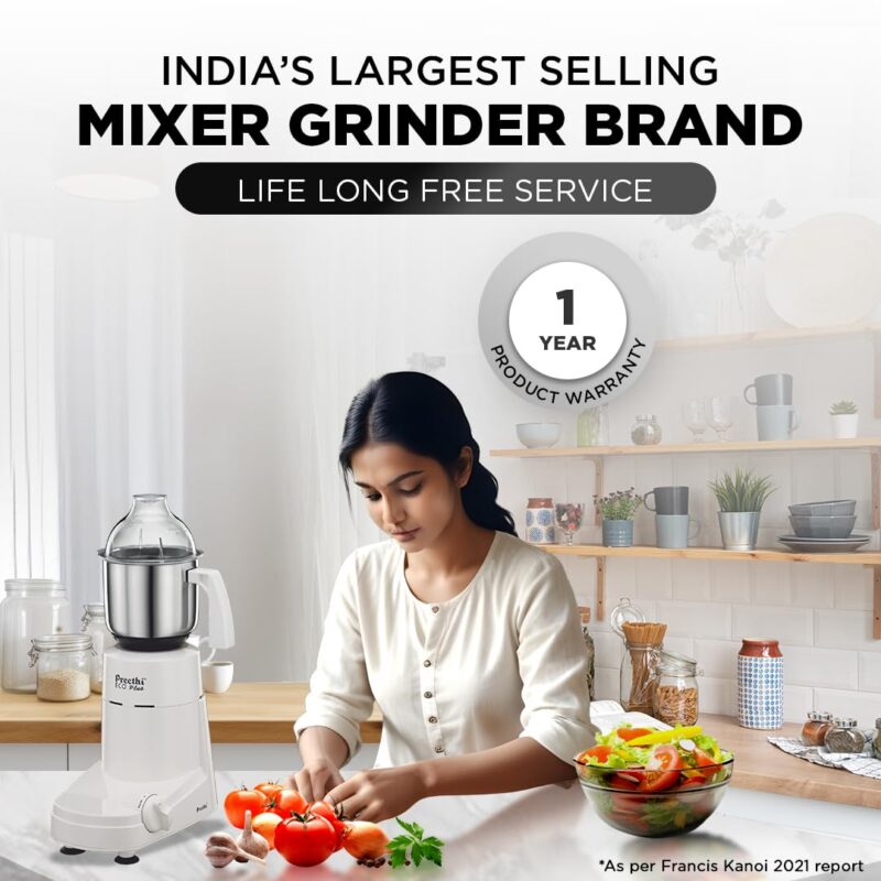 Preethi Eco Plus MG-138 110V, 550 Watt Mixer Grinder with 3 Jars (0.4L Chutney grinding Jar + 1.0L dry grinding Jar + 1.5L Wet grinding Jar, Stainless Steel) with 5 Yrs Motor warranty, White - Image 3