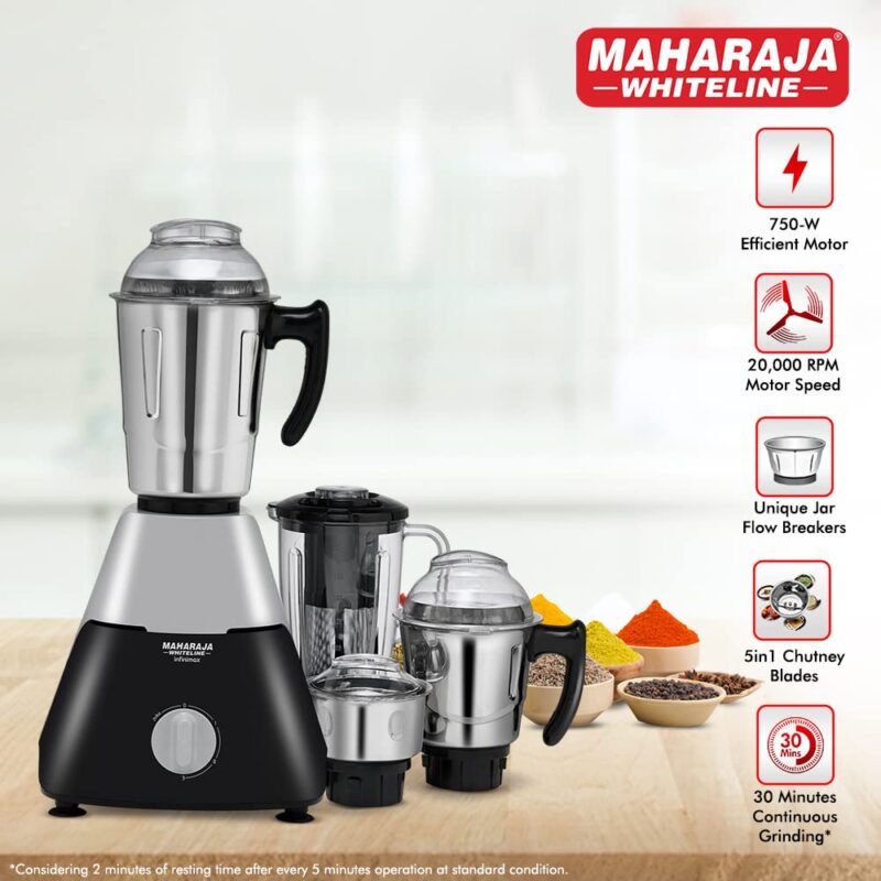 Maharaja Whiteline Infinimax Elite Mixer Grinder, Long Lasting Performance with 750 Watt Motor | Jar Flow Breakers | 5 Years Warranty on Motor (Black & Grey) - Image 9