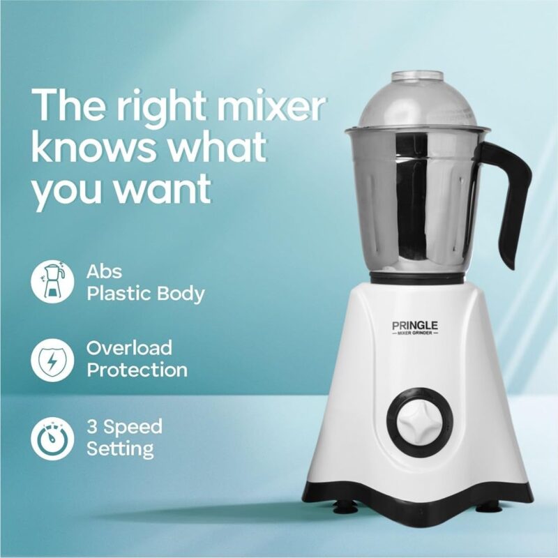 Pringle 2 Jar Mixer Grinder| 500W Powerful Motor | [ISI] Certified | 304 Grade SS Blade| 2 SS Jars Liquidizing Jar (1 Litres) Chutney Jar (0.4 Litres)3 Speed Options with Whip (1 Year Warranty) - Image 9