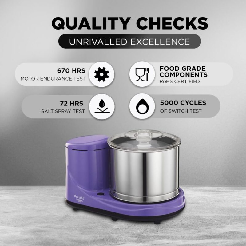 Preethi Wet Grinder|150W 2L Stainless Steel Table Top Wet Grinder|Ideal for Making South Indian Batter in Your Kitchen (Lavender) - Image 3